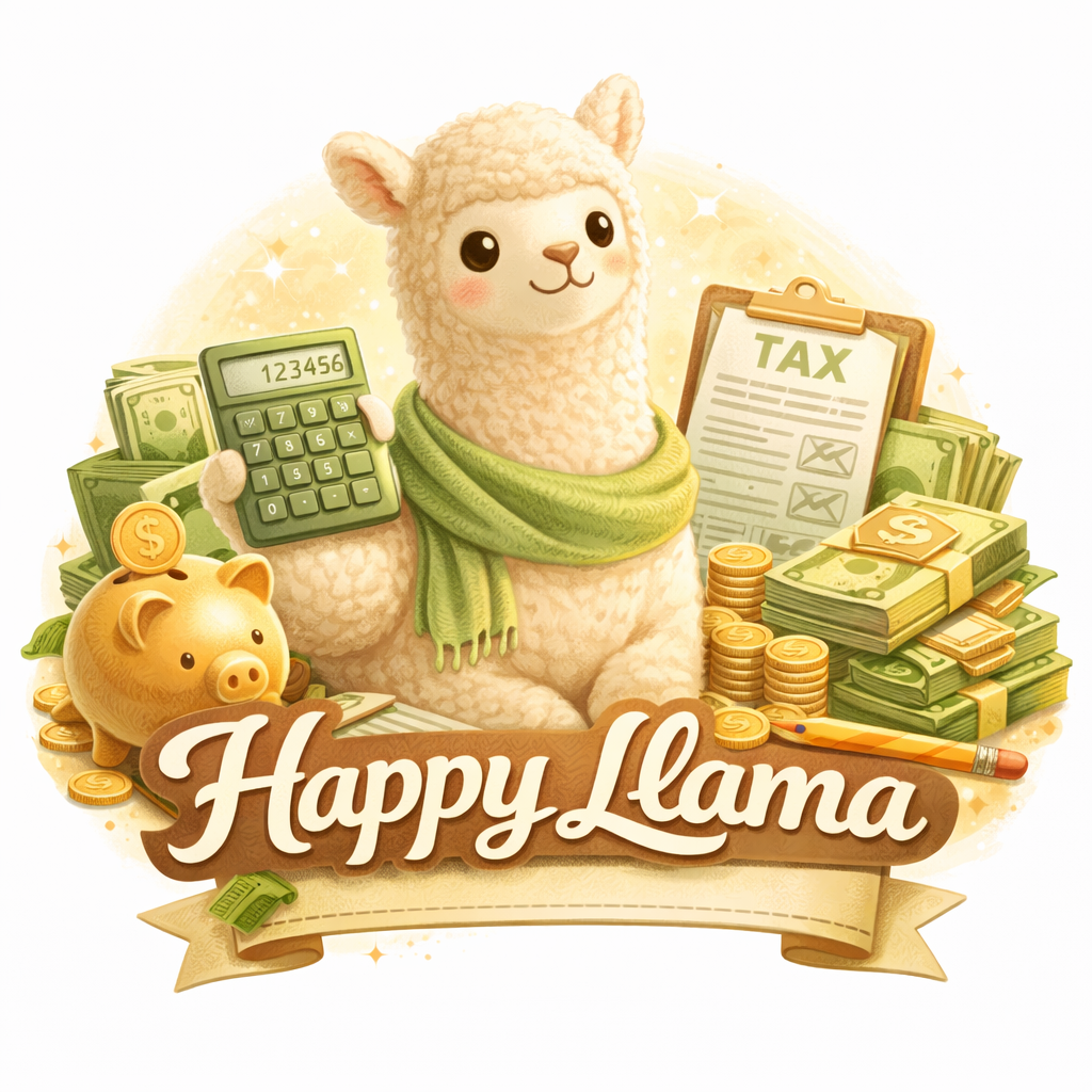 A cartoon llama holding a calculator, surrounded by stacks of money, a piggy bank, and tax documents, with the text 'Happy Llama' at the bottom.